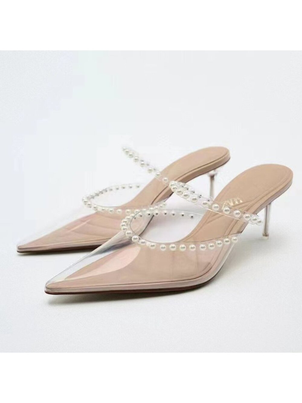 Zara Womens Pearl Embellished Heels Pumps EU 38 US 7.5 Clear Tan 3800/010 NWT